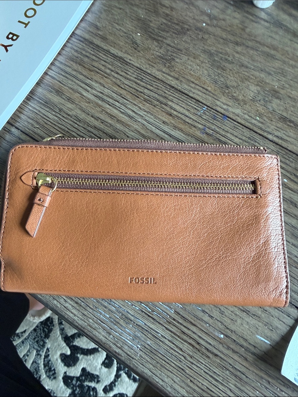 Fossil Cognac Leather Zip-Around Wallet with Front Pocket